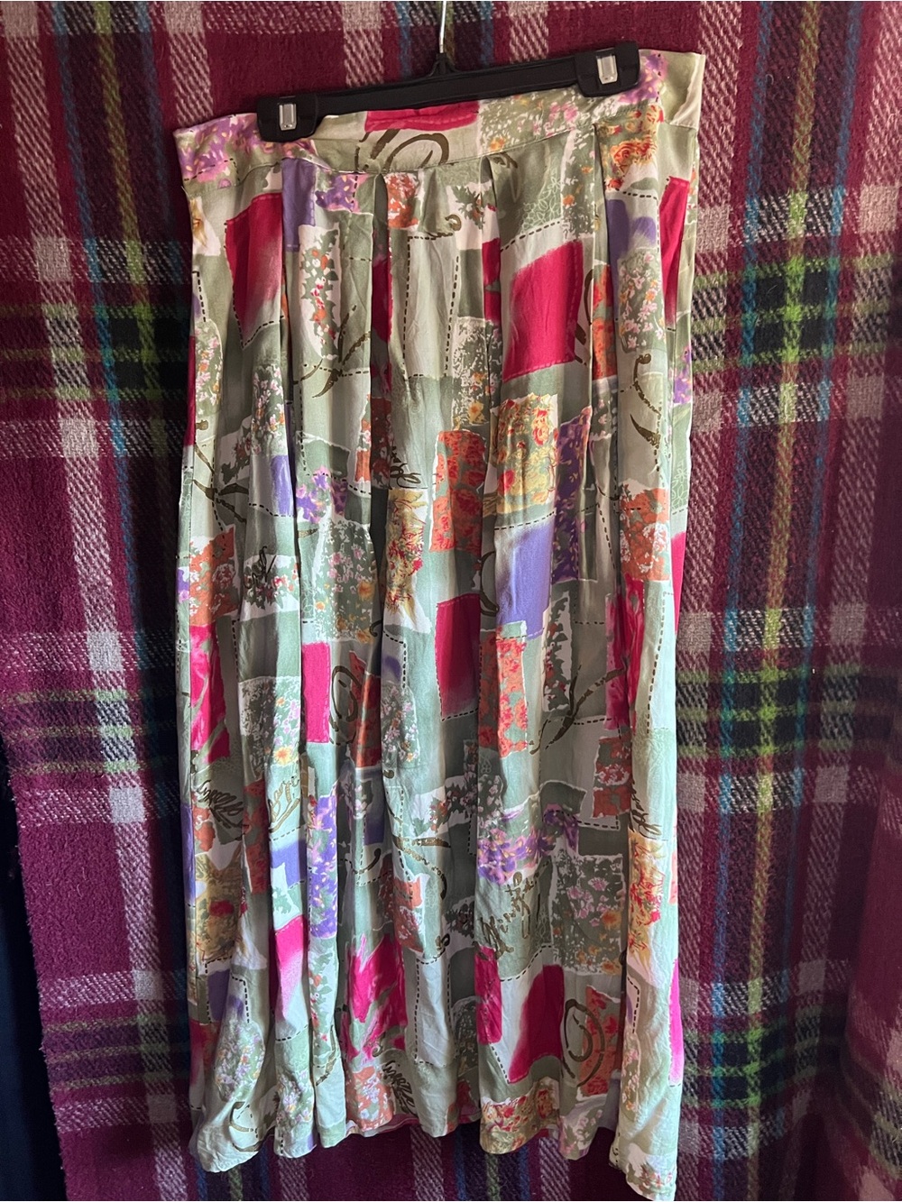 Vintage Pleated Floral Patchwork Midi Skirt in Sage and Fuchsia